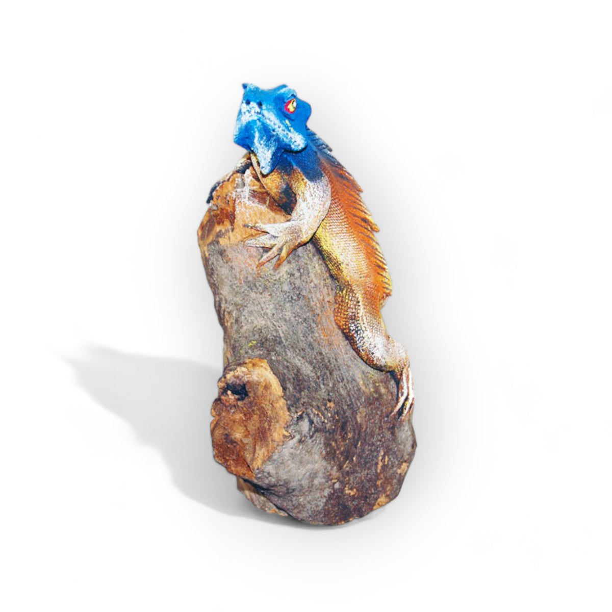 Lifelike blue iguana on a log, 6 inches