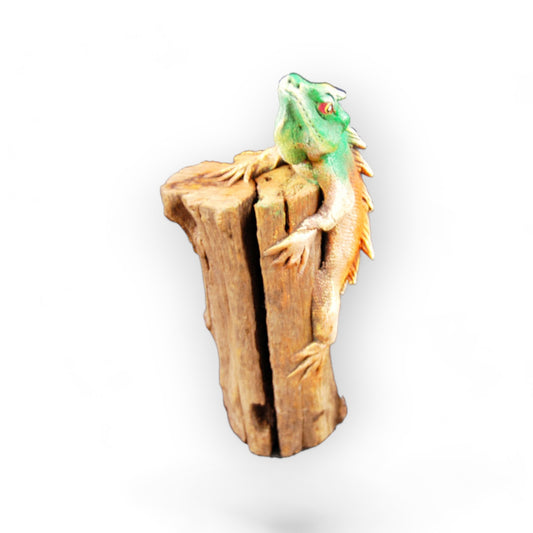 Lifelike Iguana on a Log Green 6" Overall Height