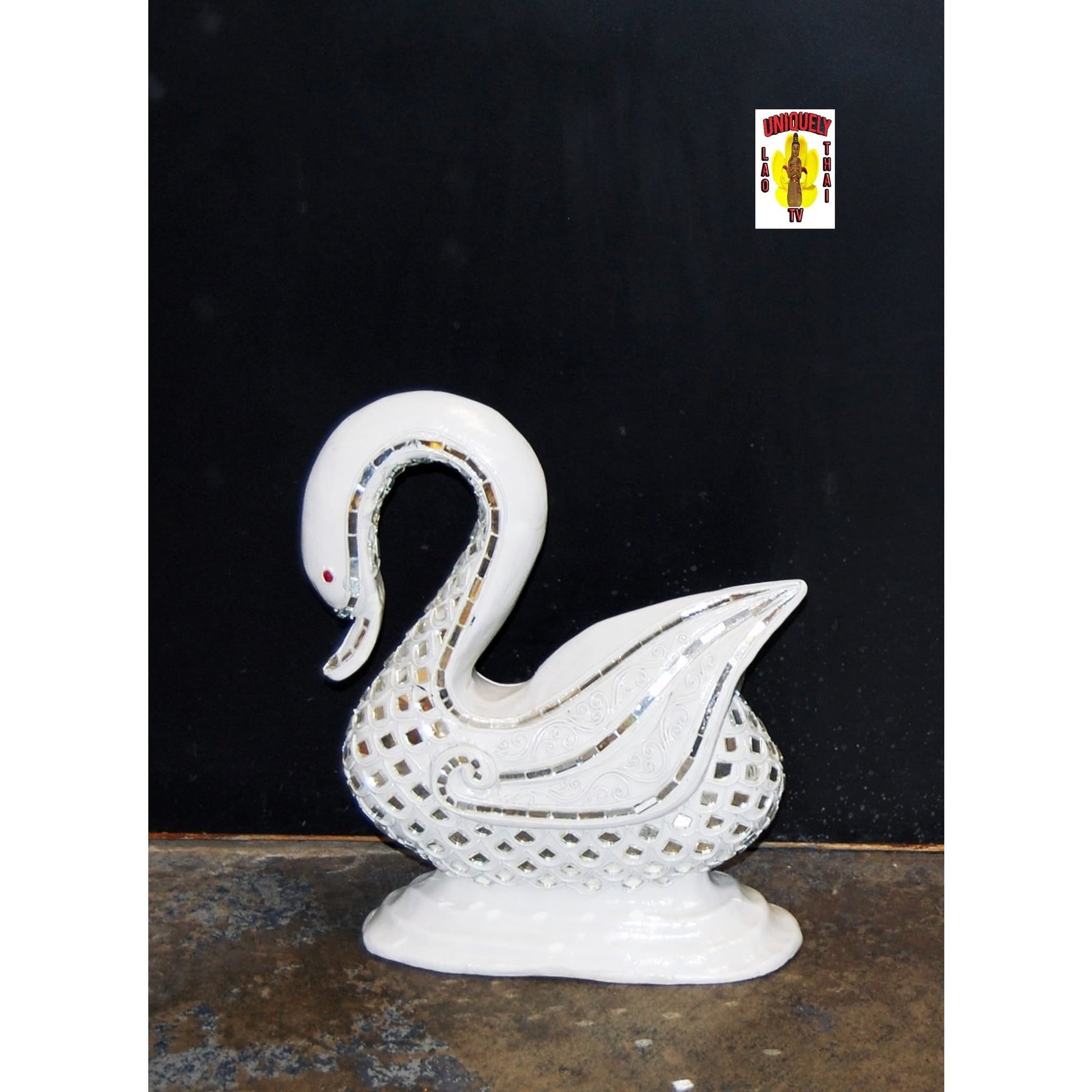 Carved Wooden Swan Painted White Adorned with Colored Glass