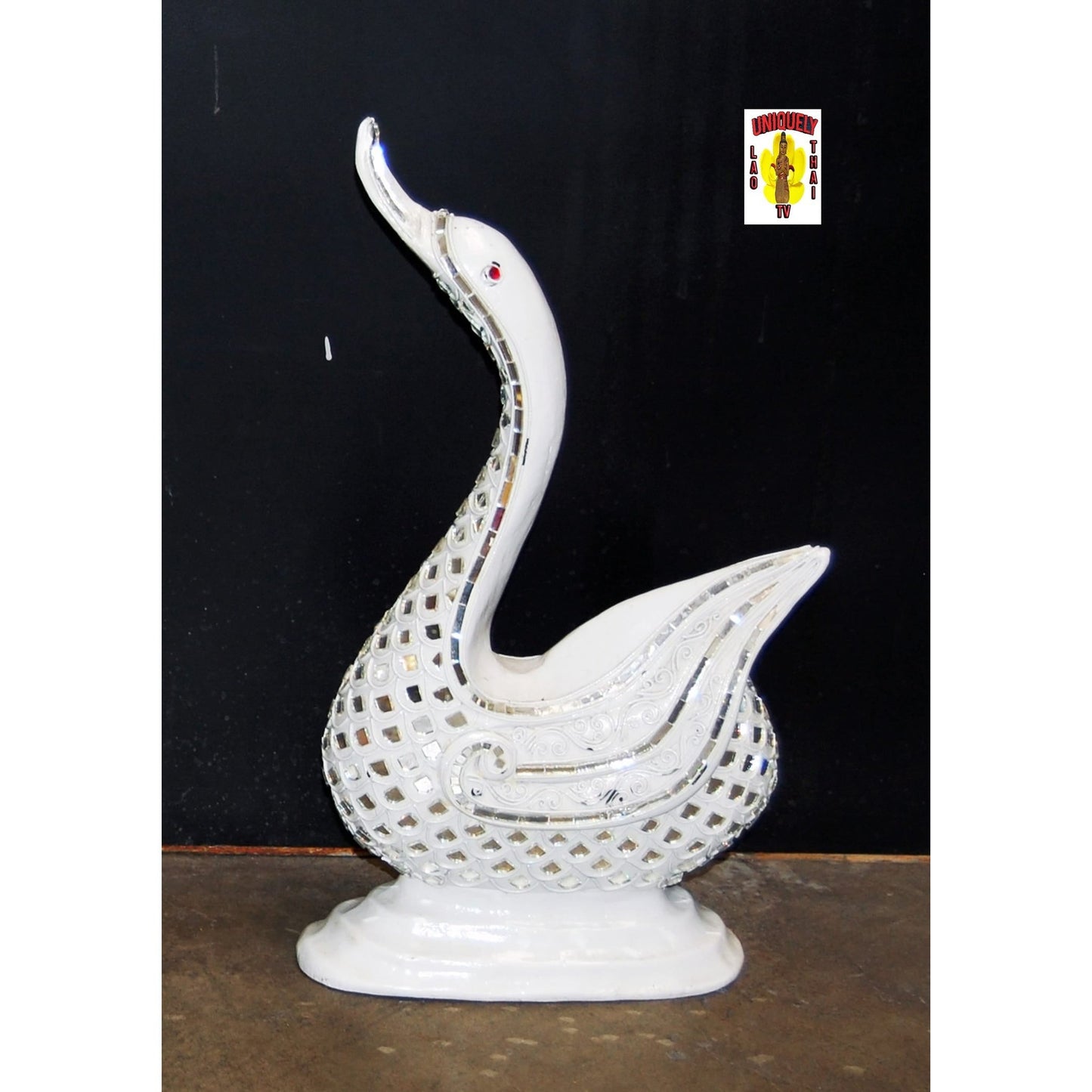 Carved Wooden Swan Painted White Adorned with Colored Glass II