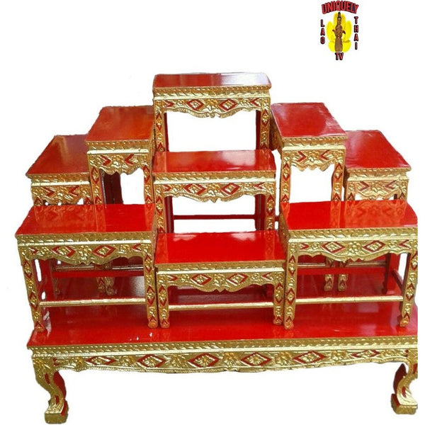Red Buddhist Altar Table Set 10 Piece | Uniquely Thai Lao TV