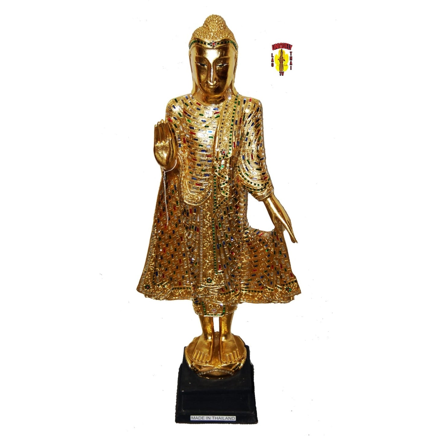 Standing Buddha Statue Gold Leaf 46 Inch Tall One Palm Up
