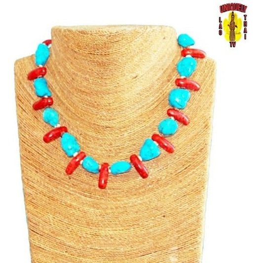 Turquoise Necklace with Coral Accent